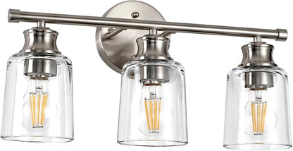 Bathroom Light Fixtures Over Mirror, 3 Lights Vanity Lights with Clear Glass Shade, 18.1" Brushed Nickel Farmhouse Bathroom Wall Light Fixtures for Bedroom, Hotel, Mirror Cabinet