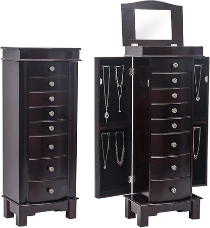 Standing Jewelry Armoire Cabinet Storage Chest with 8 Drawers, 2 Swing Doors, 16 Necklace Hooks, Makeup Mirror Storage Organizer, Large Standing Jewelry Armoire for Women(Brown)