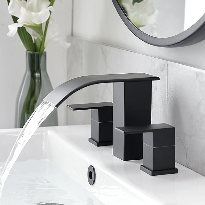 RUMOSE 8 inch Bathroom Faucets Set Matte Black Bathroom Sink Faucet 3 Hole with Pop Up Drain Widespread 2 Handles Stainless Steel Lavatory Vanity Faucet Waterfall Spout Deck Mounted