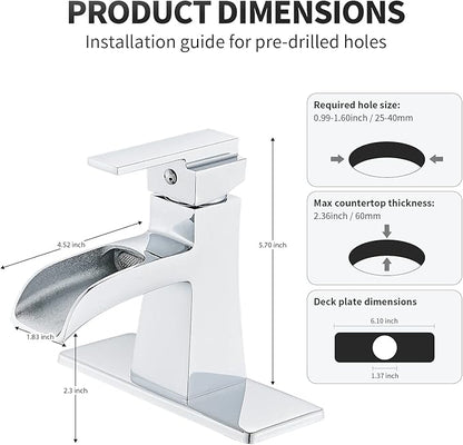 Chrome Waterfall Bathroom Faucet, Sanliv Single Handle Bathroom Sink Faucet for 1 or 3-Hole Sinks (4 Inch Centerset) Modern Farmhouse Vanity Faucet with Pop Up Drain, Polished Chrome