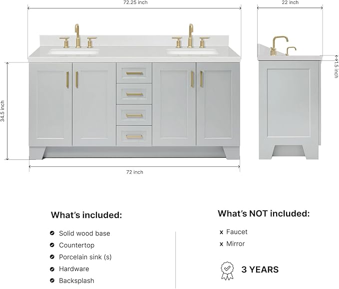DKB Emilia 72 Inch Bathroom Vanity Double Sink — Grey Bathroom Vanity with Sink, 1.5" Edge Carrara White Quartz Countertop & Backsplash, 4 Soft-Close Doors, and 6 Dovetail Drawers