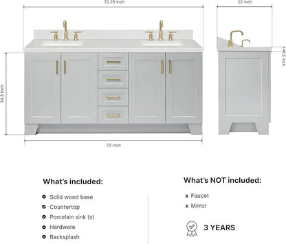 DKB Emilia 72 Inch Bathroom Vanity Double Sink — Grey Bathroom Vanity with Sink, 1.5" Edge Carrara White Quartz Countertop & Backsplash, 4 Soft-Close Doors, and 6 Dovetail Drawers