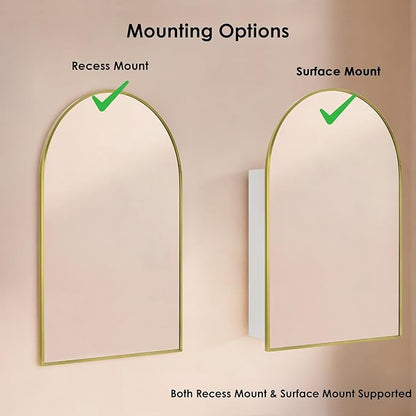 TEHOME 20 x 30'' Brush Gold Arched Bathroom Medicine Cabinet with Mirror Recessed and Surface Mount Medicine Cabinet Mirror
