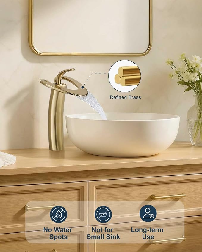 Tall Brushed Gold Waterfall Unique Bathroom Faucets, Single Lever 1 Hole Vessel Sink Faucets for Bathroom Vanity, Hot Cold Mixer Tap with Supply Hoses and Pop up Drain, llaves para lavamanos de baño