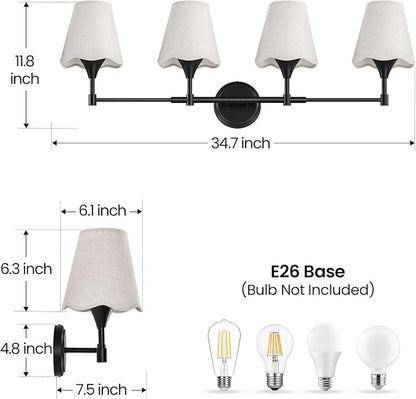 Modern Bathroom Vanity Light Fixtures: Matte Black Vanity Lights Over Mirror with Flared Fabric Shade, Farmhouse Bathroom Lighting Fixtures, 4 Light Wall Sconces Lights for Bedroom Hallway Living Room