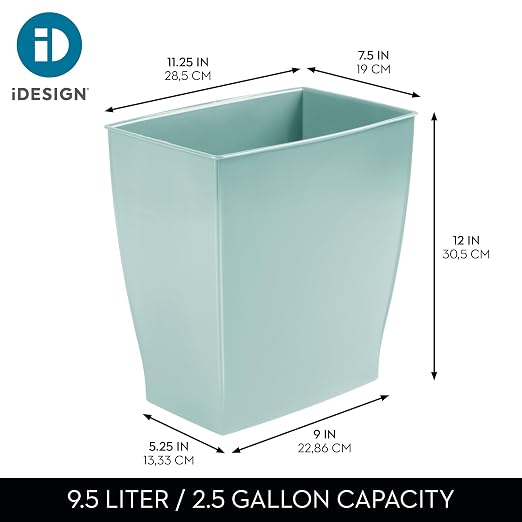 iDesign Small Plastic Bathroom Trash Can, Slim Rectangle Soft Aqua Blue | For Bedroom, Office, Dorm