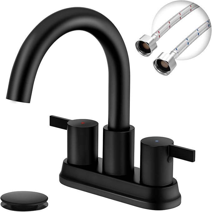 Two Handle 4 inch Black Bathroom Faucet, Bathroom Sink Faucet for 3 Holes with Pop-up Drain and 2 Supply Hoses, Lead-Free