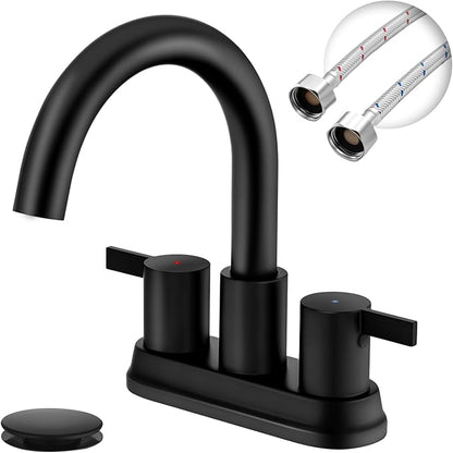 Two Handle 4 inch Black Bathroom Faucet, Bathroom Sink Faucet for 3 Holes with Pop-up Drain and 2 Supply Hoses, Lead-Free