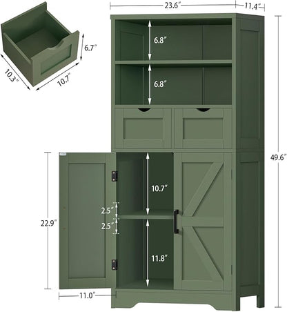 TEENFON Bathroom Cabinet with Adjustable Shelf & 2 Drawers, Farmhouse Storage Cabinet with 2 Doors, Kitchen Storage Cabinets for Living Room, Entryway, Home Office, Forest Green