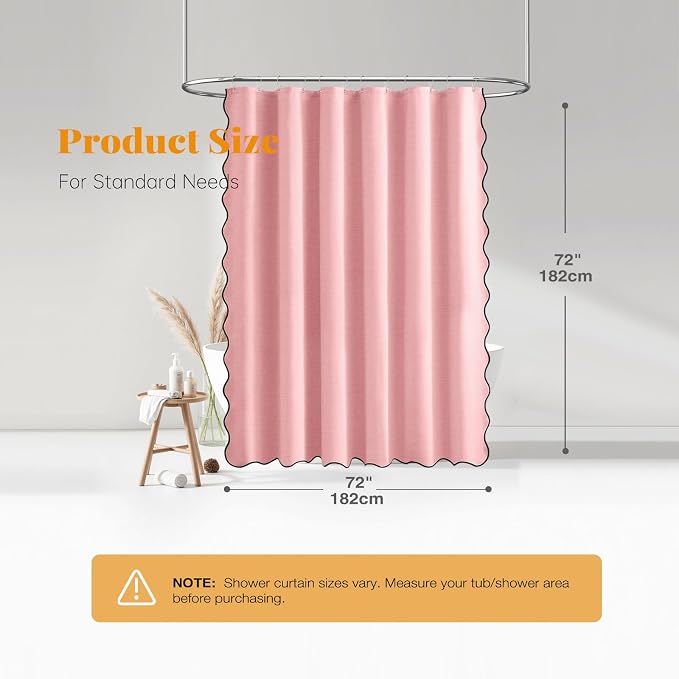 BTTN Pink Scalloped Shower Curtain, Linen Textured Heavy Duty Fabric Shower Curtain Set with 12 Plastic Hooks, Elegant Modern Rustic Boho Farmhouse Waterproof Cloth Shower Curtains for Bathroom, 72x72