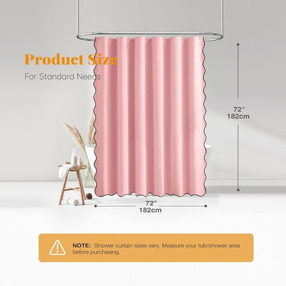 BTTN Pink Scalloped Shower Curtain, Linen Textured Heavy Duty Fabric Shower Curtain Set with 12 Plastic Hooks, Elegant Modern Rustic Boho Farmhouse Waterproof Cloth Shower Curtains for Bathroom, 72x72