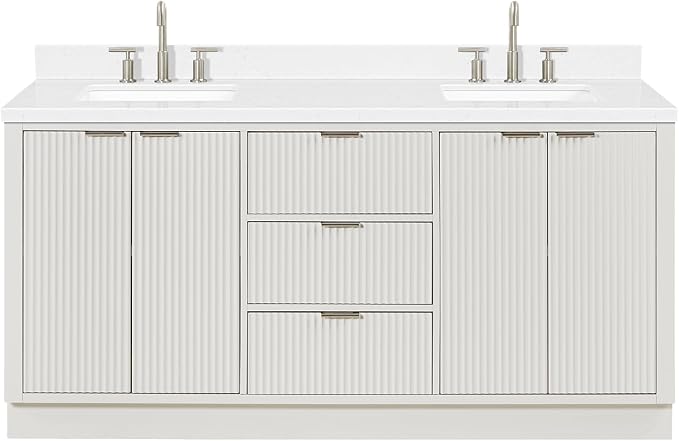 ARIEL Milan 72-inch Bathroom Vanity with Sink,Solid Wood, 1.5-inch Carrara White Quartz Countertop, Double Rectangular Porcelain Sink, 4 Soft Closing Doors, 3 Dovetail Drawers, Warm White