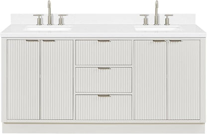 ARIEL Milan 72-inch Bathroom Vanity with Sink,Solid Wood, 1.5-inch Carrara White Quartz Countertop, Double Rectangular Porcelain Sink, 4 Soft Closing Doors, 3 Dovetail Drawers, Warm White