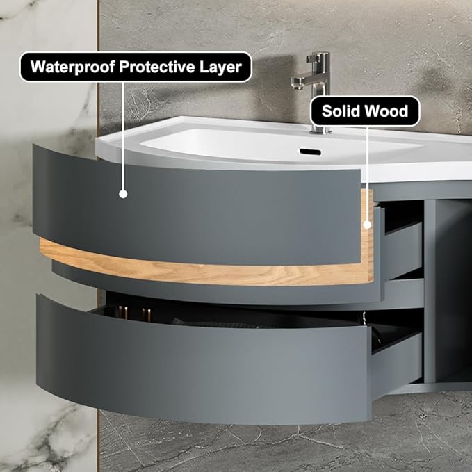 KunMai 35.4" Modern Floating Bathroom Vanity with Sink, Wall Mounted Stone Resin Top Vanity Cabinet with Storage Drawers & Door, White Wall Hung Vanity for Small Bathrooms