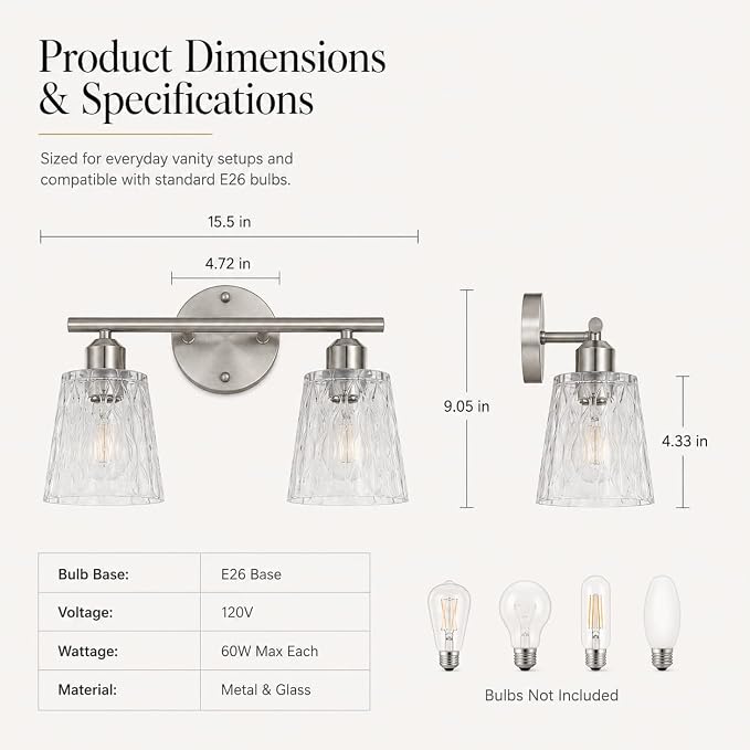 Brushed Nickel Bathroom Light Fixture, 2-Light Modern Vanity Light Over Mirror with Textured Glass Shades, Stainless Steel Construction, E26 Sockets (Bulbs Not Included)