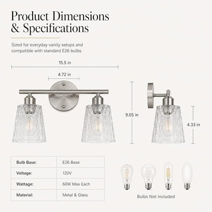 Brushed Nickel Bathroom Light Fixture, 2-Light Modern Vanity Light Over Mirror with Textured Glass Shades, Stainless Steel Construction, E26 Sockets (Bulbs Not Included)
