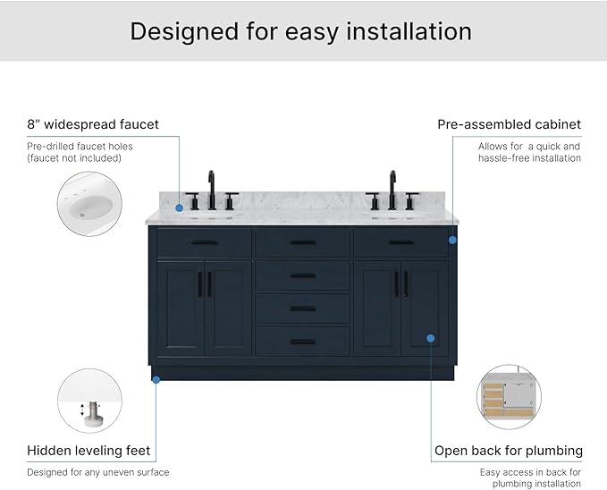 ARIEL Hepburn 66-inch Bathroom Vanity with Sink,Solid Wood, 0.75-inch Italian Carrara Marble Countertop, Double Oval Porcelain Sink, 4 Soft Closing Doors, 6 Dovetail Drawers, Midnight Blue