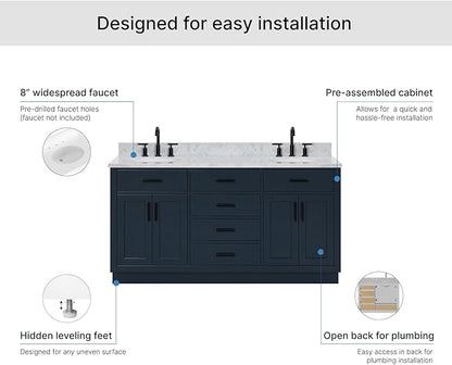 ARIEL Hepburn 66-inch Bathroom Vanity with Sink,Solid Wood, 0.75-inch Italian Carrara Marble Countertop, Double Oval Porcelain Sink, 4 Soft Closing Doors, 6 Dovetail Drawers, Midnight Blue