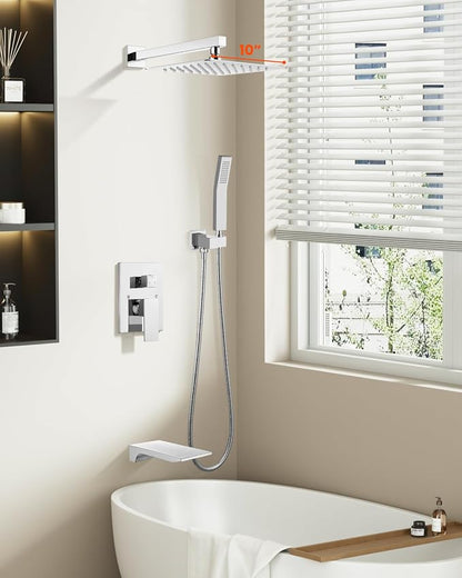 gotonovo Tub Shower Faucet Set with Valve 10'' Rain Head,Polished Chrome | Waterfall Tub Spout Shower System,Bathtub Faucet Set,SUS304 Rain Head with Handheld,Brass Valve Trim Kit,All Metal,Wall Mount