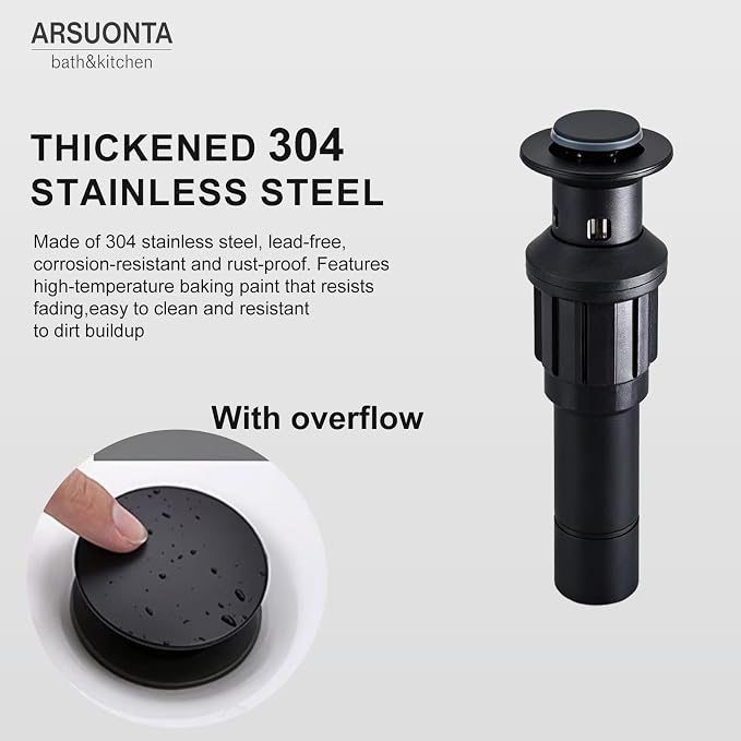 Waterfall Bathroom Sink Faucet, Matte Black Single Hole Vanity Faucet with Pop-Up Drain, Deck Plate & Supply Hoses, Modern 1 Handle Deck Mount for Bathroom Vanity Sink