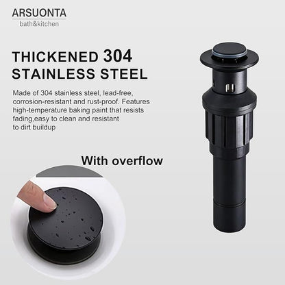 Waterfall Bathroom Sink Faucet, Matte Black Single Hole Vanity Faucet with Pop-Up Drain, Deck Plate & Supply Hoses, Modern 1 Handle Deck Mount for Bathroom Vanity Sink