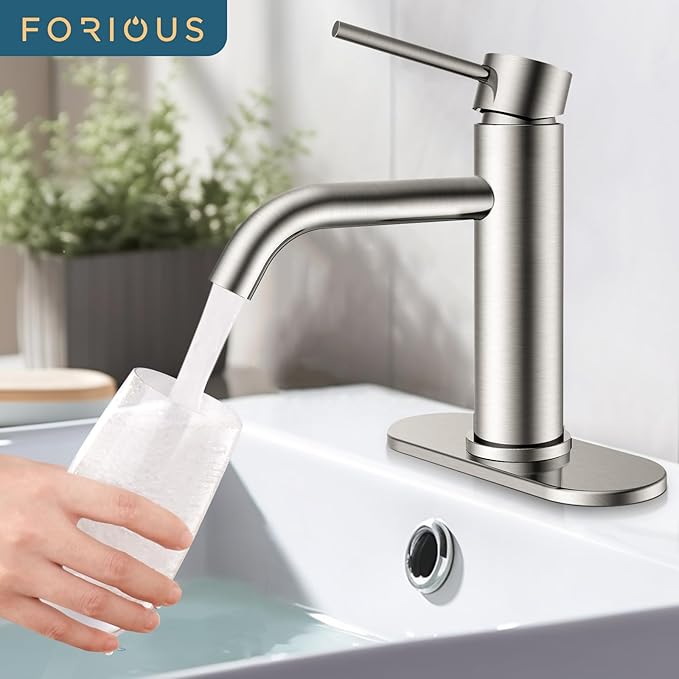FORIOUS Single Hole Bathroom Faucets 1 Handle, Brushed Nickel 3 Hole Bathroom Sink Faucet with Metal Pop up Drain and Supply Hose, Suitable for Vanity Lavatory Restroom Remodel