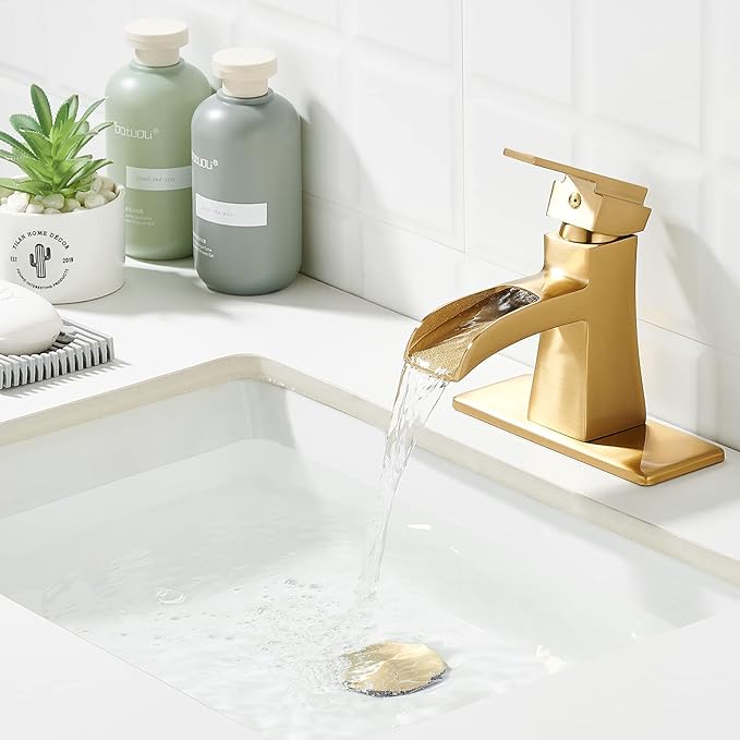 Brushed Gold Bathroom Sink Faucet, Sanliv Single Hole Waterfall Bathroom Faucet for 1 or 3-Hole Sinks (4 Inch Centerset) One Handle Vanity Faucets with Pop Up Drain, Champagne Bronze
