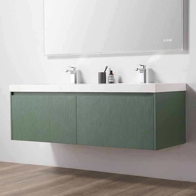 Blossom 60 Inch Double Sink Bathroom Vanity with Side Cabinets, All Wood Wall Mounted Floating Bathroom Vanity Cabinet with Acrylic Sinks, Soft-Close Drawers, Bathroom Vanities, Aventurine Green