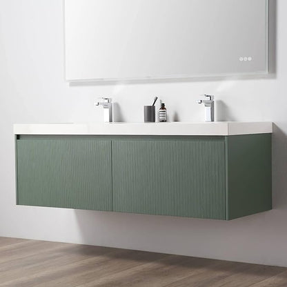 Blossom 60 Inch Double Sink Bathroom Vanity with Side Cabinets, All Wood Wall Mounted Floating Bathroom Vanity Cabinet with Acrylic Sinks, Soft-Close Drawers, Bathroom Vanities, Aventurine Green