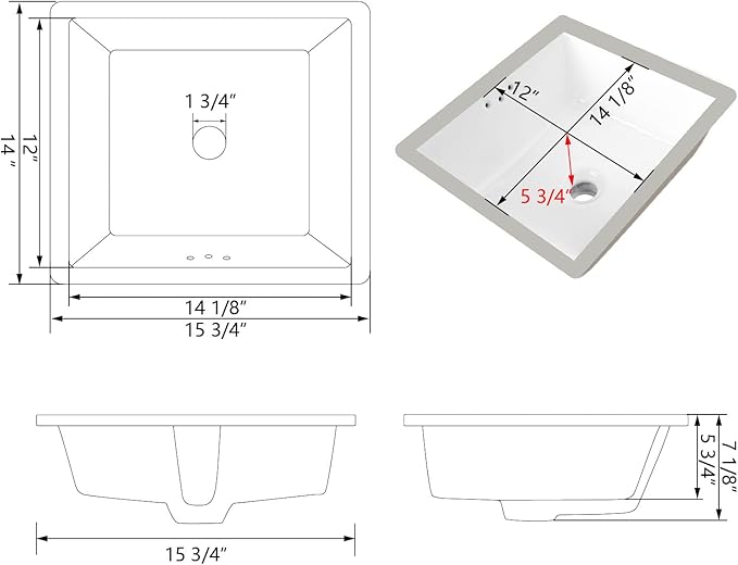 DeerValley DV-1U307 16" X 14" Rectangular Ceramic Bathroom Sink Undermount Bathroom Sink With Overflow Hole