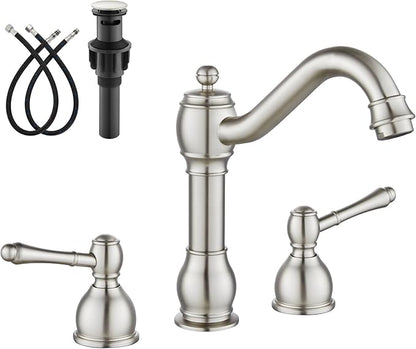 gotonovo 8 Inch Widespread Bathroom Faucets for Sink 3 Hole 2 Lever Handle Deck Mount with Pop Up Drain Hot and Cold Water Supply Lines Brushed Nickel