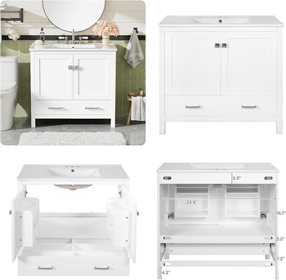 36" Freestanding Bathroom Vanity with Sink, Floor Stand Bathroom Storage Cabinet with Ceramic Sink, Doors with Double-Layered Storage Shelves, Modern Compact Vanity with Divided Drawer, White