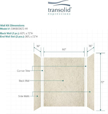 Transolid EWK603672-44 Expressions 3-Panel Shower Wall Kit, 36-in L x 60-in W x 72-in H, Sea Fog