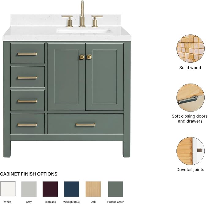 ARIEL Cambridge 36-inch Bathroom Vanity with Sink,Solid Wood, 1.5-inch Carrara White Quartz Countertop, Single Rectangular Porcelain Sink, 2 Soft Closing Doors, 5 Dovetail Drawers, Vintage Green