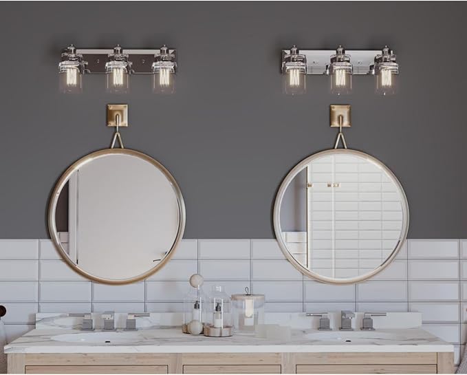 Progress Lighting P300047-009 Calhoun Collection Clear Glass Farmhouse Bath Vanity Light, 3-Light, Brushed Nickel