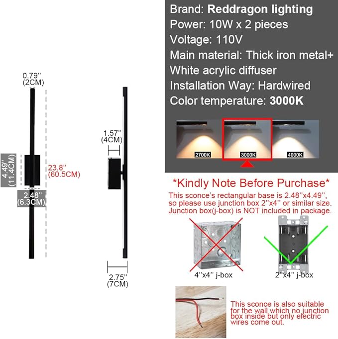Only Suitable for Small Junction Box Hardwired Minimalist Dimmable Black Tube Linear Wall Sconce 24 Inch Mirror Vanity Light for Bathroom Living Room Bedroom Corridor (2 Pack, 24'', Black, Dimmable)