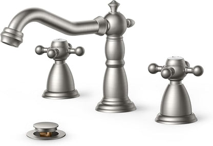 FORIOUS Brushed Nickel 3 Hole Bathroom Sink Faucets 2 Cross Handles, 8 Inch Widespread Antique Brass Viantage Bathroom Faucet for RV Vanity Farmhouse with Metal Pop Up Drain and Supply Lines