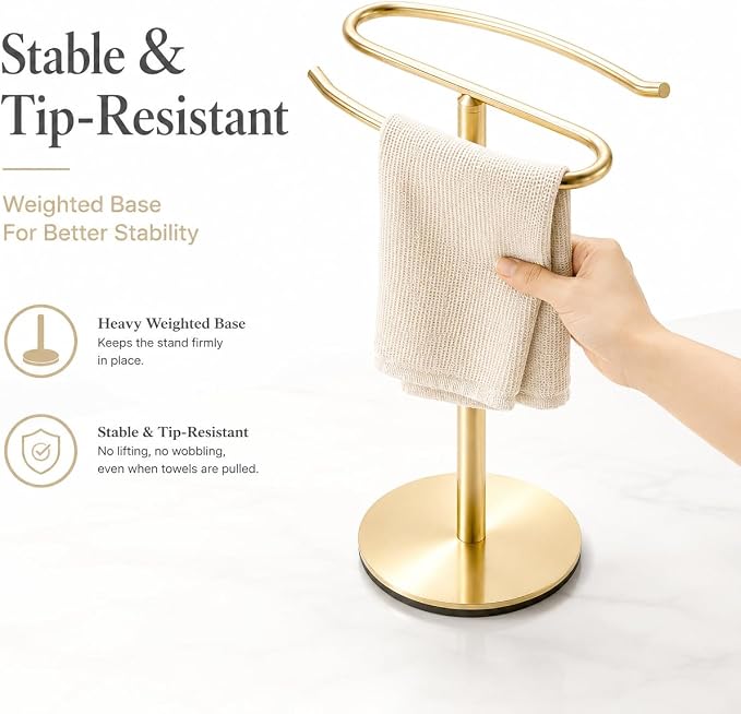 Light Brushed Gold Hand Towel Holder Stand, 13-Inch Tall Freestanding Towel Rack with Weighted Base, SUS304 Stainless Steel Countertop Towel Stand for Bathroom Vanity and Kitchen