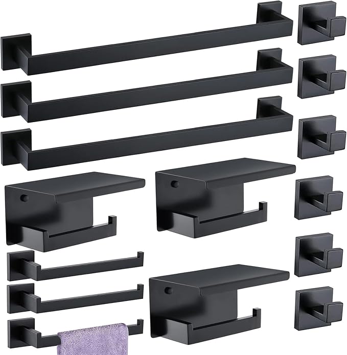 Bathroom Hardware Set 15 Piece Matte Black Bathroom Accessories Set SUS304 Towel Bar Set Includes 3 Towel Bar 24 Inch+3 Towel Holder+3 Toilet Paper Holder+6 Towel Hooks (15, Matte Black)
