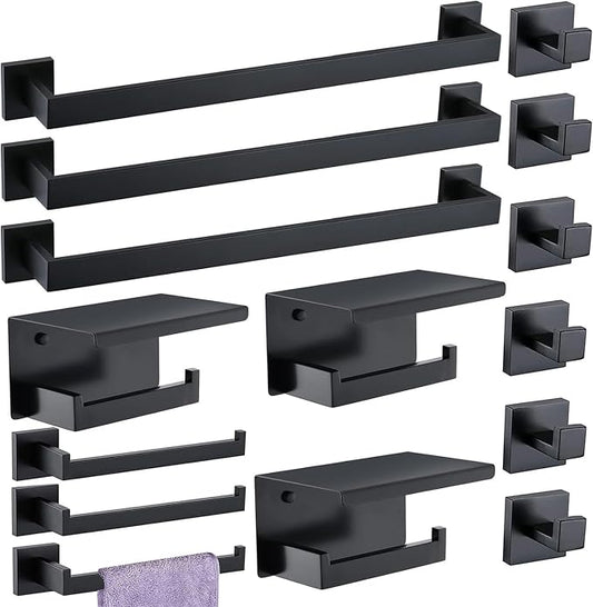 Bathroom Hardware Set 15 Piece Matte Black Bathroom Accessories Set SUS304 Towel Bar Set Includes 3 Towel Bar 24 Inch+3 Towel Holder+3 Toilet Paper Holder+6 Towel Hooks (15, Matte Black)