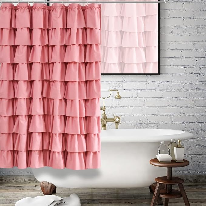 Pink Ruffle Shower Curtain for Bathroom, 72x72 inch, Ruffled Layered Fabric | Cascading Ruffle Tiers, Standard 72 X 72 Size, 7ft, Soft Microfiber Fabric, 12 Hooks Included, Machine Washable, Farmhouse