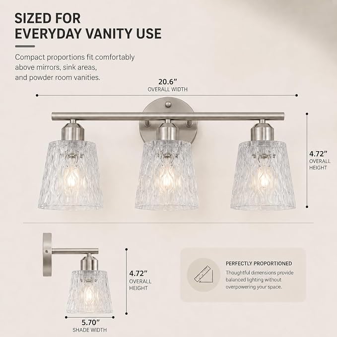 Brushed Nickel Bathroom Light Fixture, 3-Light Modern Vanity Light Over Mirror with Textured Glass Shades, Stainless Steel Construction, E26 Sockets (Bulbs Not Included)