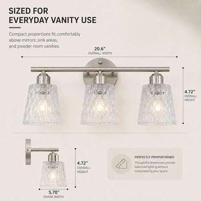 Brushed Nickel Bathroom Light Fixture, 3-Light Modern Vanity Light Over Mirror with Textured Glass Shades, Stainless Steel Construction, E26 Sockets (Bulbs Not Included)