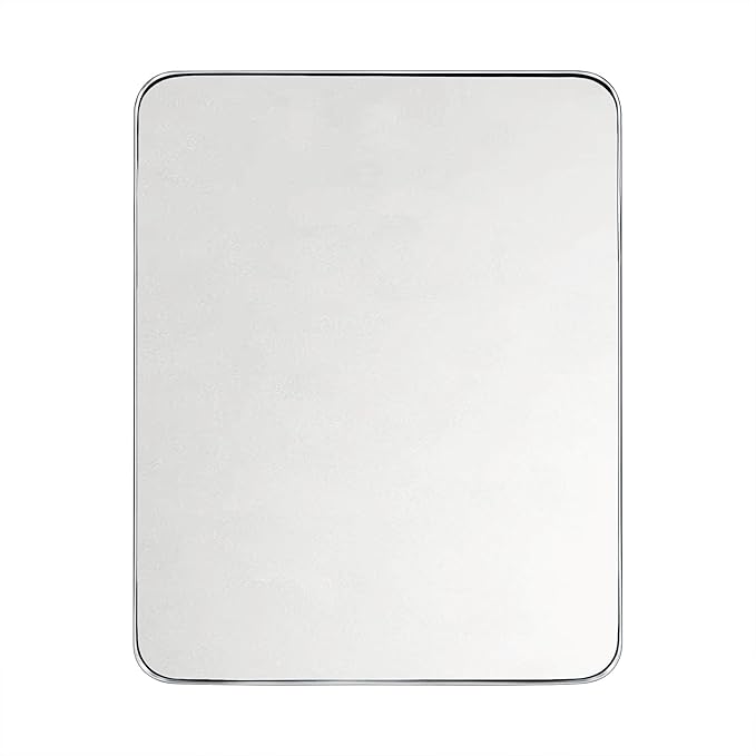 GRACTO 24x30'' Polished Nickel Metal Framed Bathroom Mirror for Wall in Stainless Steel Rounded Rectangular Bathroom Vanity Mirrors Wall Mounted