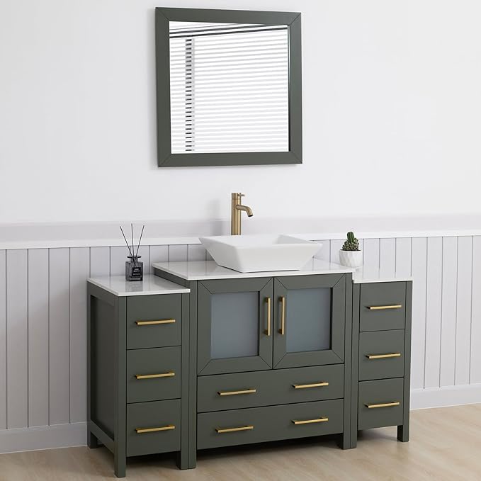 Vanity Art 54 Inch Vessel Single Sink Bathroom Vanity Cabinet with 1 Mirror, Engineered Marble Top Bathroom Cabinet Compact Set with 8 Dovetail Drawers and Soft Closing Doors, VA3130-54VG