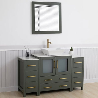 Vanity Art 54 Inch Vessel Single Sink Bathroom Vanity Cabinet with 1 Mirror, Engineered Marble Top Bathroom Cabinet Compact Set with 8 Dovetail Drawers and Soft Closing Doors, VA3130-54VG