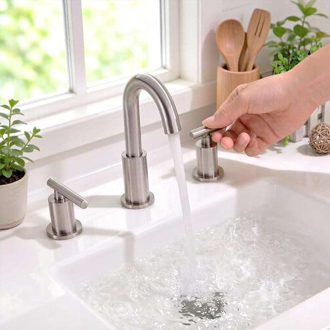 TRUSTMI 8" Widespread Bathroom Faucet Brushed Nickel, Swivel Spout & Drain | Brass Construction, Include Overflow Drain & cUPC Supply Lines, fits 3-Hole 6–12" Vanity Sinks, Spot-Resistant, Easy to Clean
