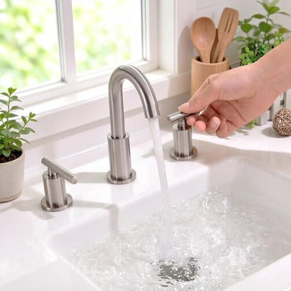 TRUSTMI 8" Widespread Bathroom Faucet Brushed Nickel, Swivel Spout & Drain | Brass Construction, Include Overflow Drain & cUPC Supply Lines, fits 3-Hole 6–12" Vanity Sinks, Spot-Resistant, Easy to Clean