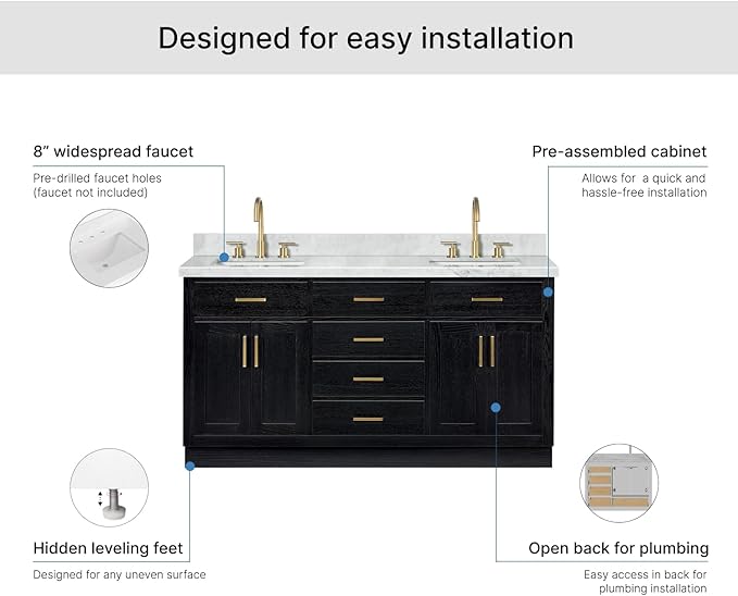 ARIEL Hepburn 66-inch Bathroom Vanity with Sink,Solid Wood, 1.5-inch Italian Carrara Marble Countertop, Double Rectangular Porcelain Sink, 4 Soft Closing Doors, 6 Dovetail Drawers, Black Oak