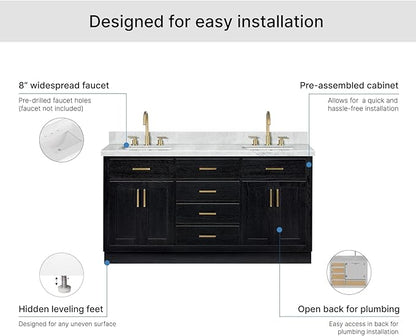 ARIEL Hepburn 66-inch Bathroom Vanity with Sink,Solid Wood, 1.5-inch Italian Carrara Marble Countertop, Double Rectangular Porcelain Sink, 4 Soft Closing Doors, 6 Dovetail Drawers, Black Oak
